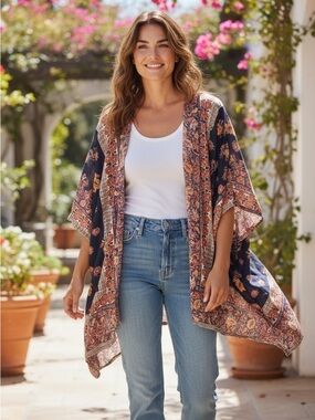 Angie Floral Print Kimono in Navy, Orange & Cream